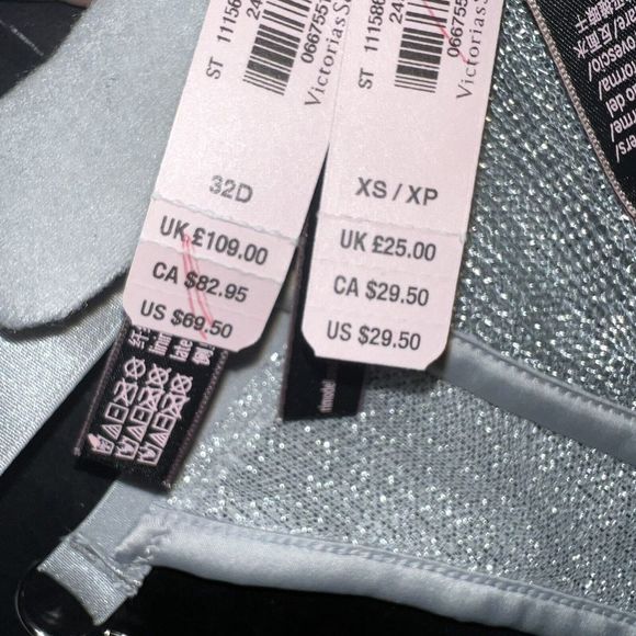 NWT Victoria's Secret unlined 32D BRA SET XS defect itsy panty SILVER gray Chain - Picture 6 of 8